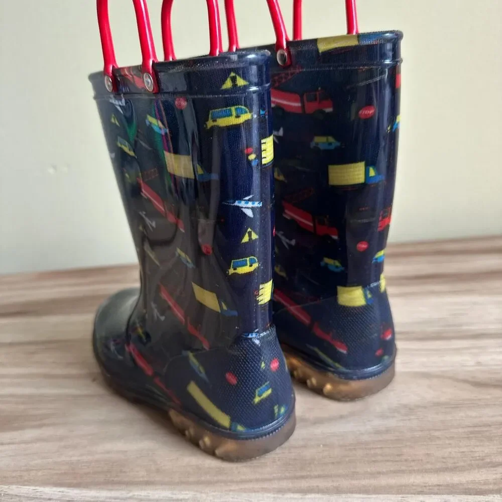 EUXTERPA kids boys vehicle Light-Up LED Rain Boots Cars Waterproof US13